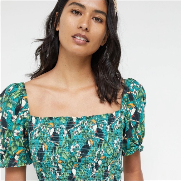 Anthro DOLAN Smocked Puff-Sleeved Toucan Top S - Picture 2 of 12